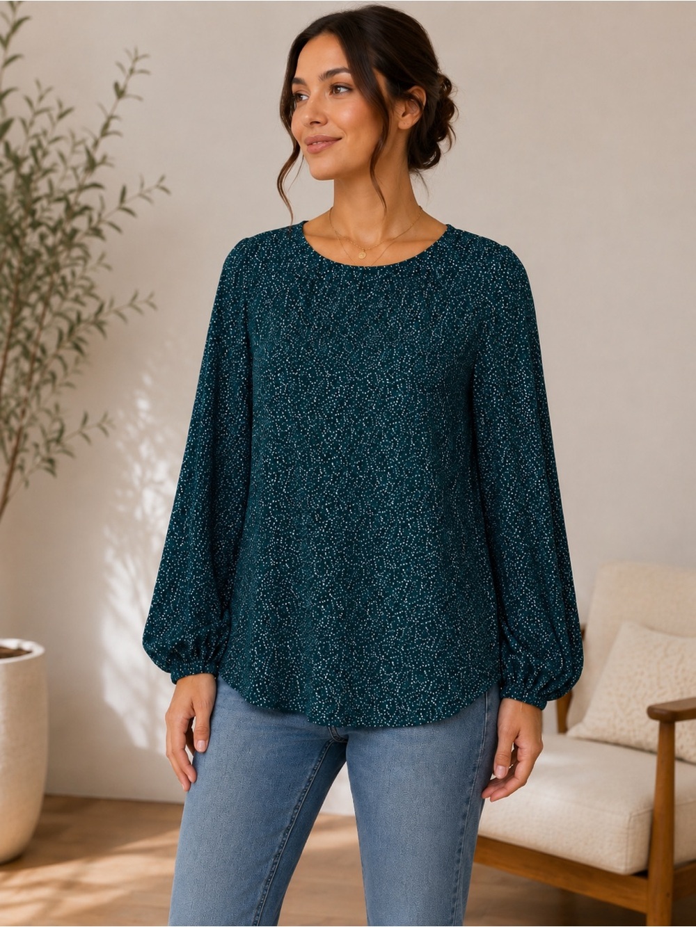 Adrianna Papell Women’s Printed Balloon Sleeve Blouse – Size Medium